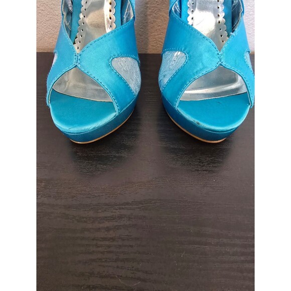 Tony Bowls blue satin high heel open toe pumps women's size 7 - Picture 11 of 12